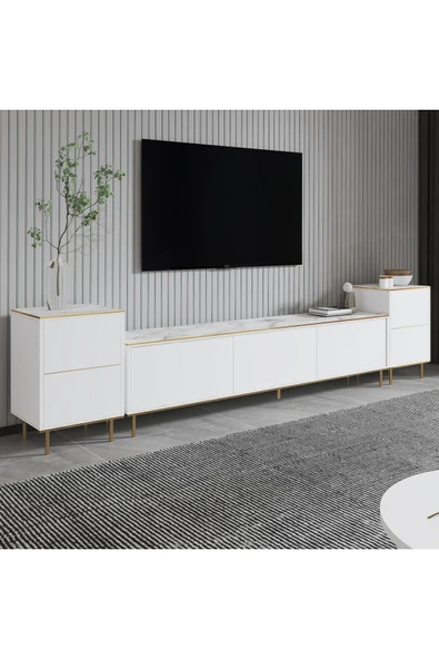 İNARCH DİZAYN İmaj Tv Ünitesi Ve Komodin Takım Orma Mermer/beyaz (GOLD) - 2