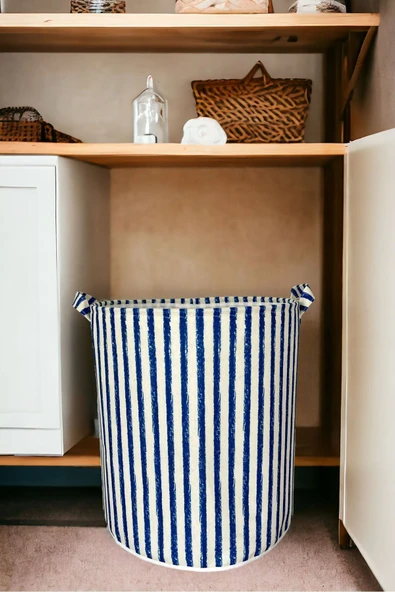 Lacivert Çizgili Fileli Katlanır Banyo Kirli Çamaşır Dolap Içi Yatak Odası Düzenleyici Sepet 37x40 - 4