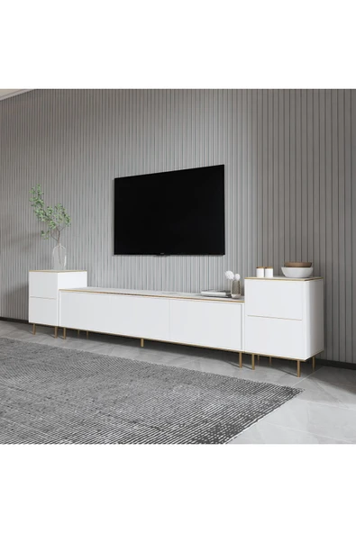 İNARCH DİZAYN İmaj Tv Ünitesi Ve Komodin Takım Orma Mermer/beyaz (GOLD) - 3