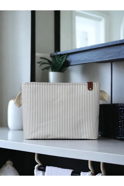Gri Çizgili Çok Amaçlı Dolap İçi Oyuncak  Saklama Kutusu Sepeti Organizer 27X37X25 - 3