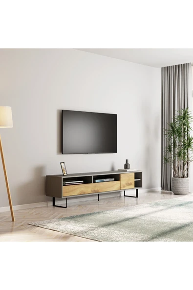 İNARCH DİZAYN Luga Kapaklı Tv Ünitesi, Tv Sehpası - Metal Siyah Ayak - Gri/kilim - 3