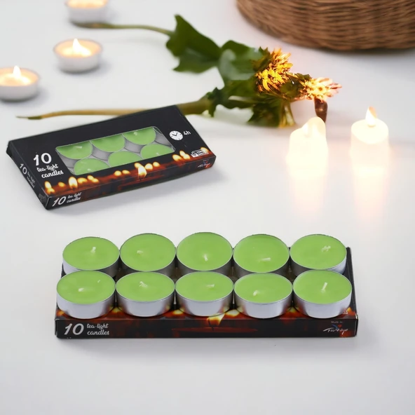 Tealight Mum 10x10 Gr Dekoratif Mumu Kandil Hediyelik Fitilli Mumluk Şamdan Yeşil Renk Kokusuz - 7
