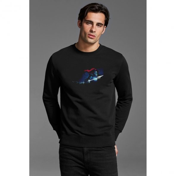 Undyne Undertale Baskılı Siyah Erkek Örme Sweatshirt Uzun kol