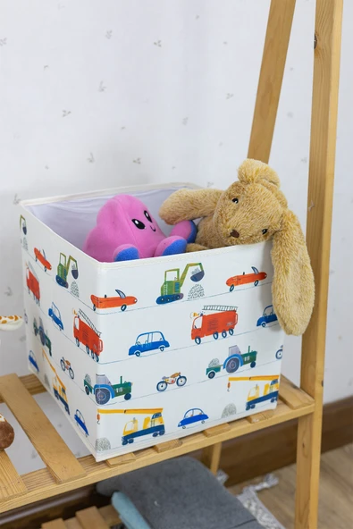Araba Desenli Kapaksız Oyuncak Kutusu Dizenleyici Organizer Kutu 30 x 30 x 30 - 2