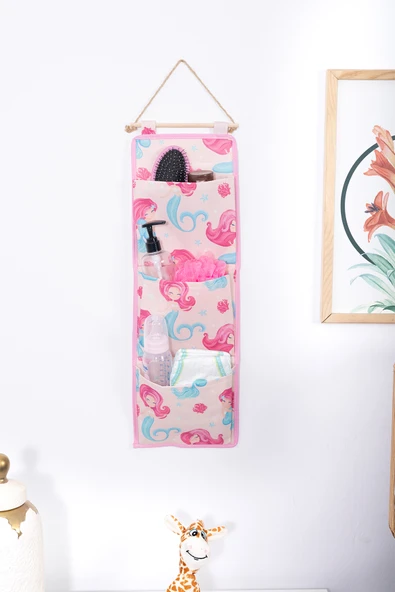 Deniz Kızı Baskılı 3 Cepli Çok Amaçlı Askılı Duvar Tipi Dolap Içi Banyo Mutfak Düzenleyici Organizer 20 x 60