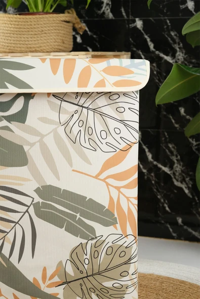 Yaprak Desen Büyük Boy Kapaklı  Kirli Çamaşır Oyuncak Düzenleyici Saklama Kutusu Sepeti 40x50x30 - 6