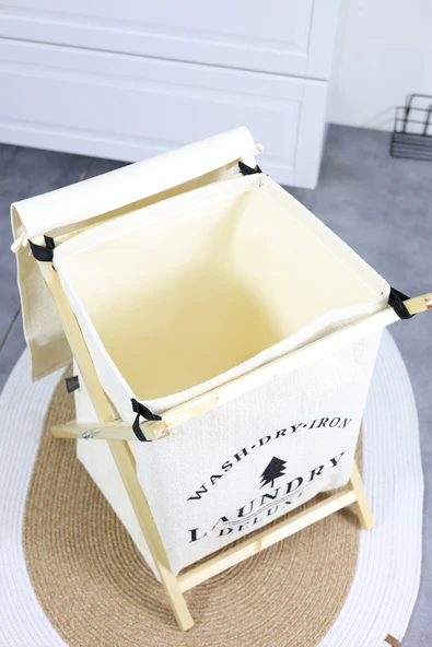 Laundry Baskılı Kapaklı Ahşap Destekli Kare Kıyafet Kirli Çamaşır Sepeti  40 x 30 x 50 - 2