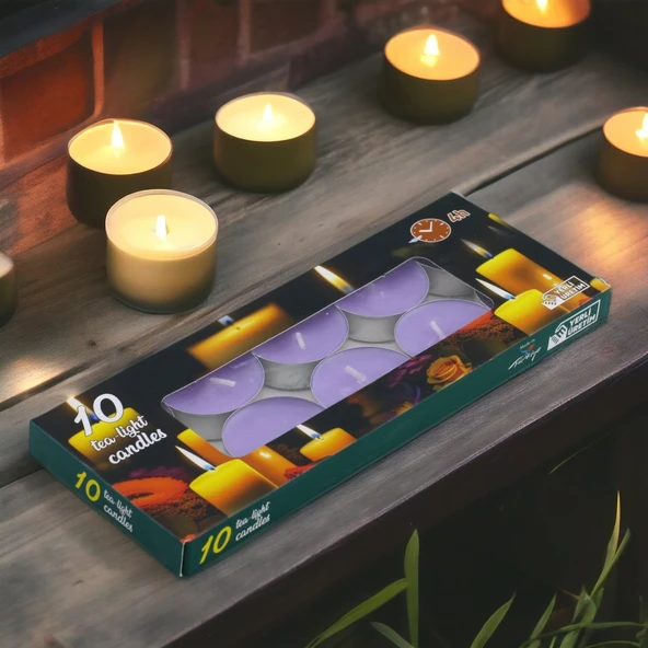 Tealight Mum 10x10 Gr Dekoratif Mumu Kandil Hediyelik Fitilli Mumluk Şamdan Lila Renk Kokusuz - 5