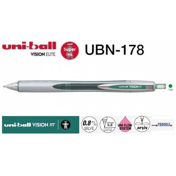 Uni-Ball Vision 0.8 Mm Mekanik Roller Kalem Yeşil | RT UBN-178 - Resim 2
