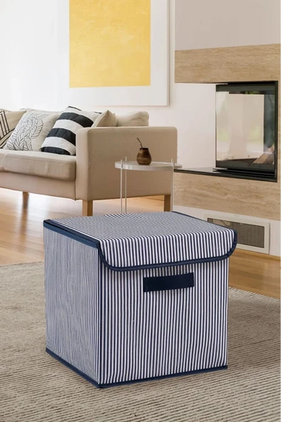 Lacivert Çizgili Kapaklı Dolap İçi Çamaşır Oyuncak Düzenleyici Katlanır Saklama Kutusu 30x30x30 - 3