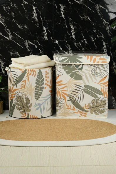 2'li Yaprak Desenli Silindir Ve Dikdörtgen Büyük Boy Kapaklı Saklama Kutusu 40x50x30cm Sepet 37x40cm - 3