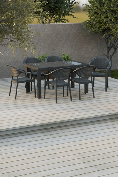Çavdar Group 80x140 cm Rattan 6 Kişilik Masa Takımı Camlı Bambu Sandalye Bahçe Teras Takımı Oturma Grubu