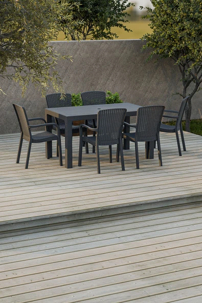 Çavdar Group 90x150 cm Rattan 6 Kişilik Masa Takımı Camsız Sedan Sandalye Bahçe Teras Takımı Oturma Grubu