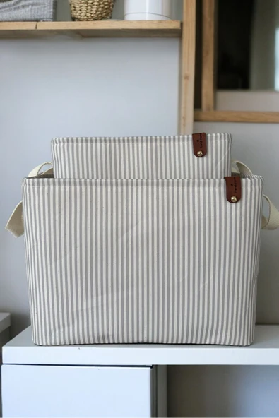 Gri Çizgili Çok Amaçlı Dolap İçi Oyuncak  Saklama Kutusu Sepeti Organizer 2'li 18x22x30-37x27x25 - Resim 2