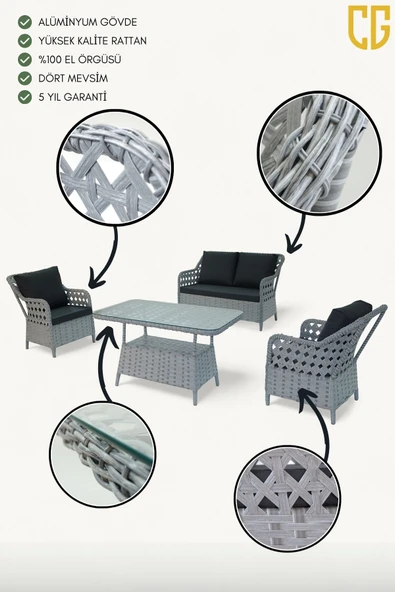Çavdar Group İcon Raddan 2+1+1 Çay Seti Balkon Teras Bahçe Mobilyası El Örgüsü Raddan 4 Kişilik Oturma Grubu - 2