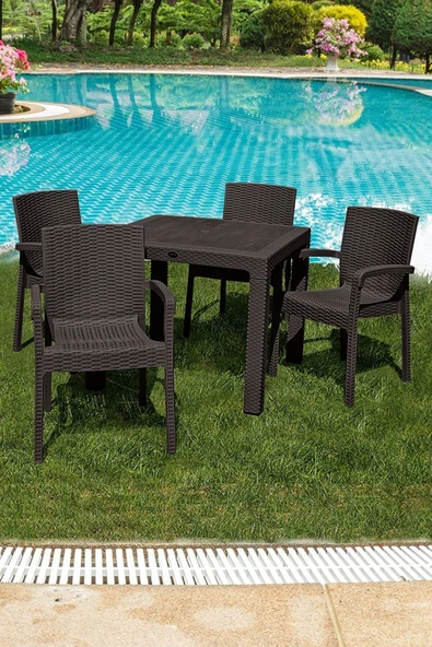 Çavdar Group Rattan 90x90 Cm Camsız Bahçe Balkon Teras Masa Takımı 4 Adet Sandalye