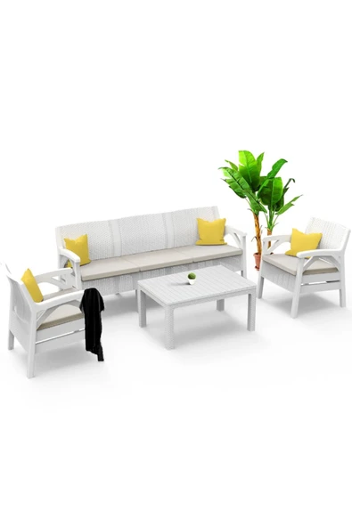 Çavdar Group Santana 5 Kişilik Raddan Desenli Plastik Ergonomik Oturma Grubu Camlı Sehpa