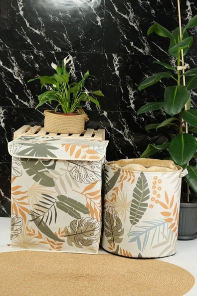 2'li Yaprak Desenli Silindir Ve Dikdörtgen Büyük Boy Kapaklı Saklama Kutusu 40x50x30cm Sepet 37x40cm - 4
