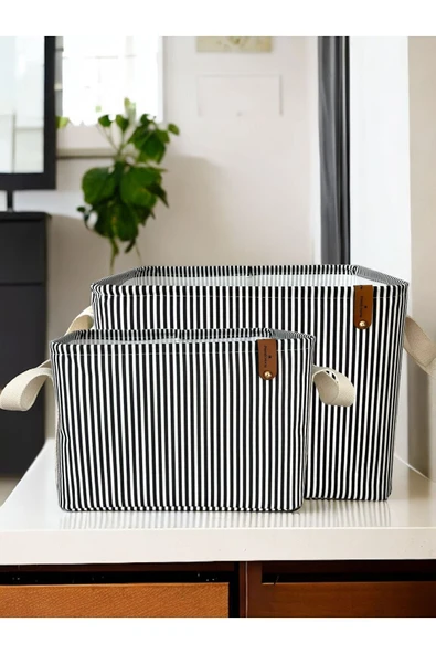 Siyah Çizgili Çok Amaçlı Dolap Içi Oyuncak Saklama Kutusu Sepeti Organizer 2'li 18x22x30 / 37x27x25 - 3