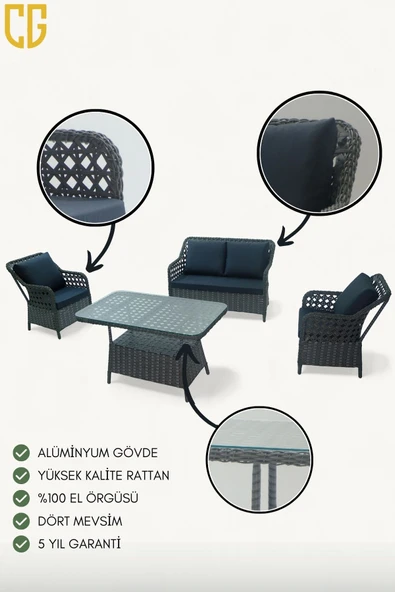Çavdar Group İcon Raddan 2+1+1 Çay Seti Balkon Teras Bahçe Mobilyası El Örgüsü Raddan 4 Kişilik Oturma Grubu - 2