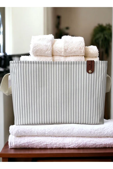 Gri Çizgili Çok Amaçlı Dolap İçi Oyuncak  Saklama Kutusu Sepeti Organizer 2'li 18x22x30-37x27x25 - Resim 4