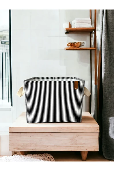 Siyah Çizgili Çok Amaçlı Dolap Içi Oyuncak Saklama Kutusu Sepeti Organizer 2'li 18x22x30 / 37x27x25 - 4