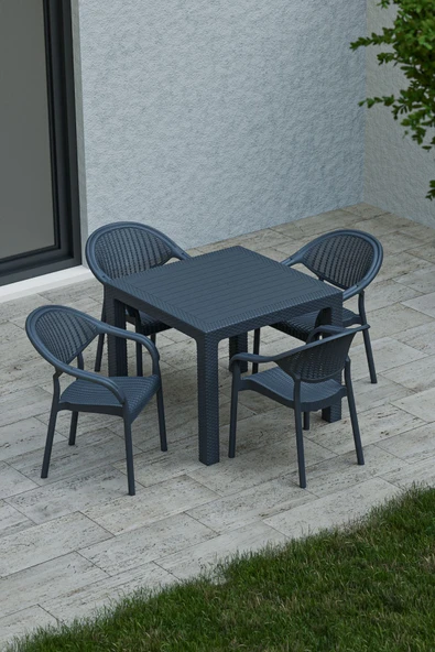 Çavdar Group 90x90 cm Rattan 4 Kişilik Masa Takımı Camsız Bambu Sandalye Bahçe Teras Takımı Oturma Grubu
