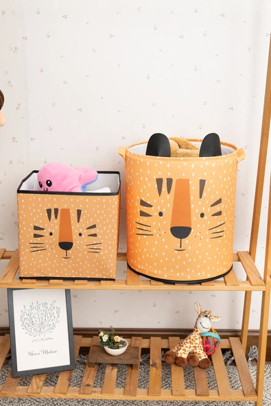 Kaplan Desenli Filesiz Oyuncak Sepet ve Kapaksız Organize Düzenleyici Kutu Seti