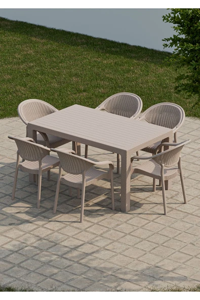 Çavdar Group 90x150 cm Rattan 6 Kişilik Masa Takımı Camsız Bambu Sandalye Bahçe Teras Takımı Oturma Grubu - 2