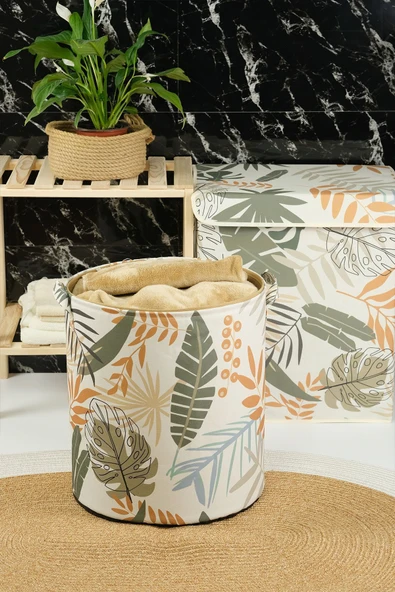 2'li Yaprak Desenli Silindir Ve Dikdörtgen Büyük Boy Kapaklı Saklama Kutusu 40x50x30cm Sepet 37x40cm - 2