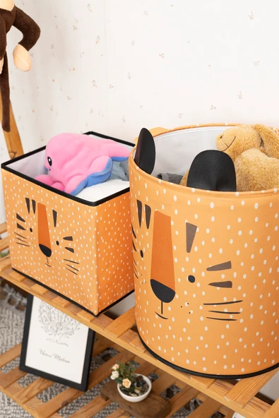 Kaplan Desenli Filesiz Oyuncak Sepet ve Kapaksız Organize Düzenleyici Kutu Seti - 3