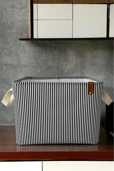 Siyah Çizgili Çok Amaçlı Dolap Içi Oyuncak Saklama Kutusu Sepeti Organizer 2'li 18x22x30 / 37x27x25 - 5
