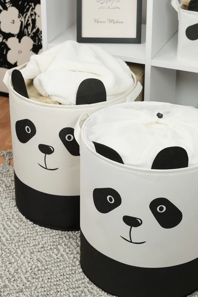 Panda Tasarımlı 2' Li Bebek Çocuk Odası Düzenleyici Saklama Kutusu Oyuncak Kirli Sepeti 37x40 - 2