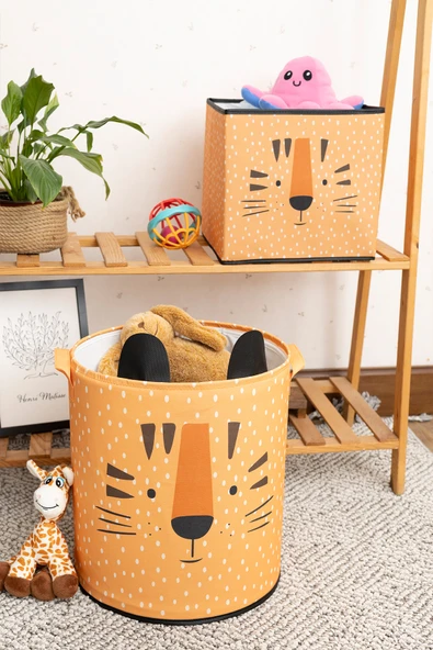 Kaplan Desenli Filesiz Oyuncak Sepet ve Kapaksız Organize Düzenleyici Kutu Seti - 2