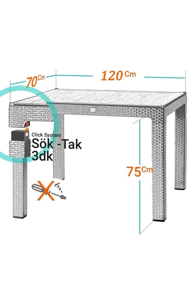 Çavdar Group Rattan 70x120 Cm Camsız Bahçe Balkon Teras Masa Takımı 4 Adet Sandalye - 4