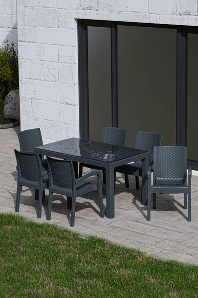 Çavdar Group 80x140 cm Rattan 6 Kişilik Masa Takımı Camlı Trend Sandalye Bahçe Teras Takımı Oturma Grubu