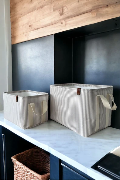 Gri Çizgili Çok Amaçlı Dolap İçi Oyuncak  Saklama Kutusu Sepeti Organizer 2'li 18x22x30-37x27x25 - Resim 3