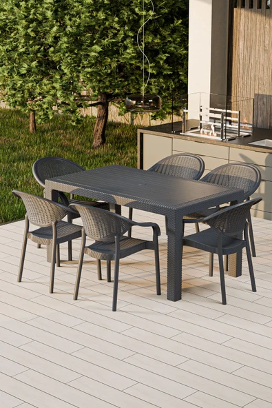 Çavdar Group 90x150 cm Rattan 6 Kişilik Masa Takımı Camsız Bambu Sandalye Bahçe Teras Takımı Oturma Grubu