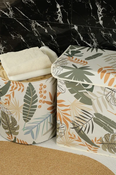 2'li Yaprak Desenli Silindir Ve Dikdörtgen Büyük Boy Kapaklı Saklama Kutusu 40x50x30cm Sepet 37x40cm - 5