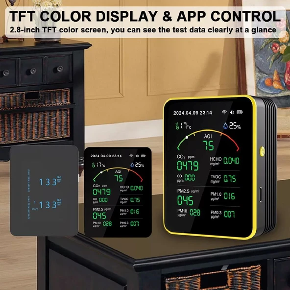 AEK-Tech 15'li AQI,TEMP,HUMI,CO2,HCHO,CO,TVOC,PM2.5,PM10,PM1.0,PM0.3 Dedektör Taşınabilir Ev Ofis Hava Kalitesi Ölçüm Cihazı - 6