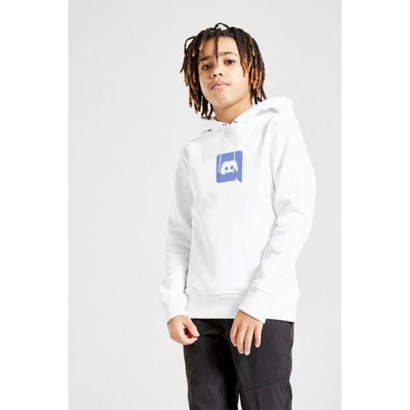 Discord Logo Baskılı Unisex Çocuk Kapüşonlu Beyaz Sweatshirt