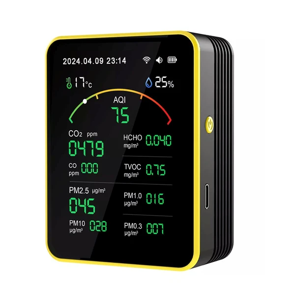AEK-Tech 15'li AQI,TEMP,HUMI,CO2,HCHO,CO,TVOC,PM2.5,PM10,PM1.0,PM0.3 Dedektör Taşınabilir Ev Ofis Hava Kalitesi Ölçüm Cihazı