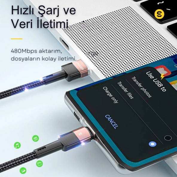 Essager 0.50CM 7A 66W USB to Type-C Süper Hızlı Şarj ve Data  Kablosu,Süper Dayanıklı Akım ve Isı Korumalı - 4