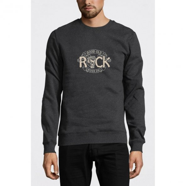 Good Old Rock Never Dies Rockn Baskılı Füme Antrasit Erkek Örme Sweatshirt Uzun kol