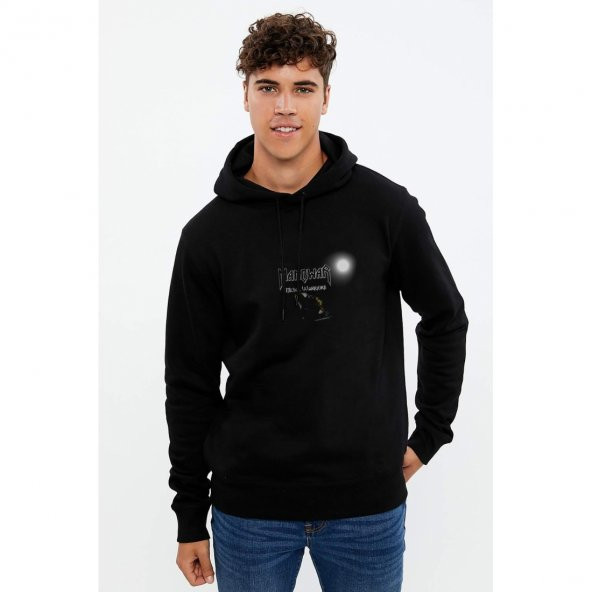 Manowar Metal Warriors Wallpaper Baskılı Siyah Erkek Örme Kapşonlu Sweatshirt Uzun kol