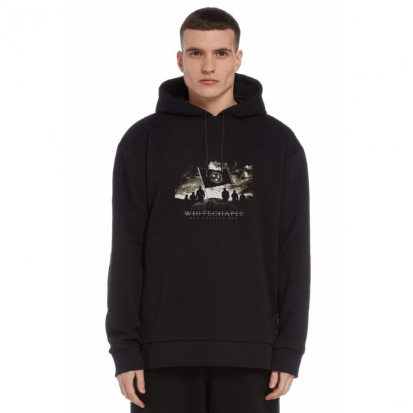 Whitechapel Our Endless War Baskılı Siyah Erkek Örme Kapşonlu Sweatshirt Uzun kol