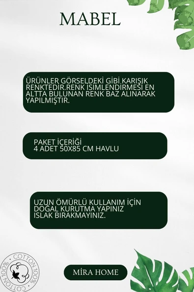 4 Lü El Yüz Havlu Seti %100 Pamuklu 50x85 Cm Mabel - 8