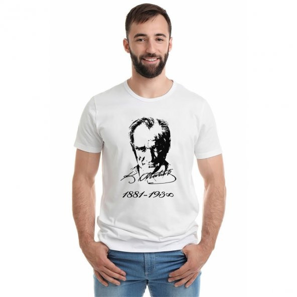 K Atatürk İmza 1881 1938 Baskılı Beyaz Erkek Örme Tshirt