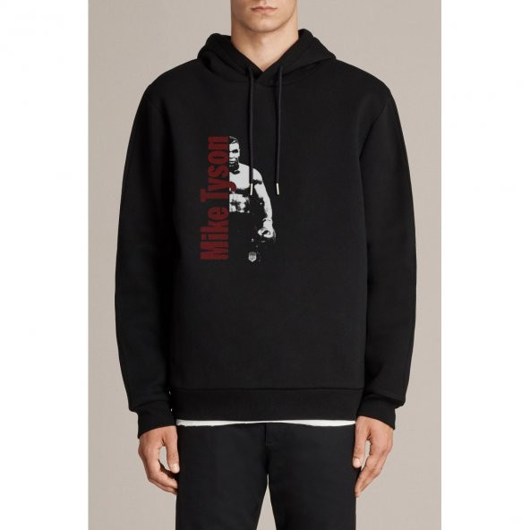 Mike Tyson Punch Boks Baskılı Siyah Erkek Örme Kapşonlu Sweatshirt Uzun kol