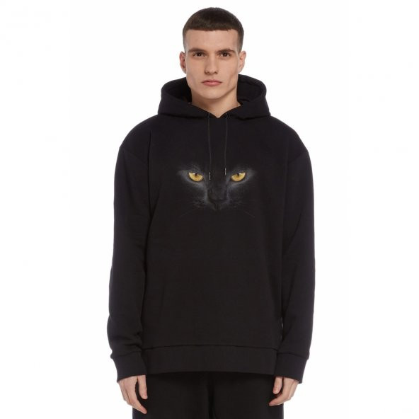 Kedi Cad Sarı Gözlü Baskılı Siyah Erkek Örme Kapşonlu Sweatshirt Uzun kol - 1